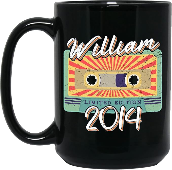 Personalized Vintage Cassette Tape Vintage 2014 Mug, Custom Your Name, 2014 Retro Coffee Mug, 8th Birthday Present Gifts, 2014 Birthday Gift For Friends Family, Customizable Black Tea Cups