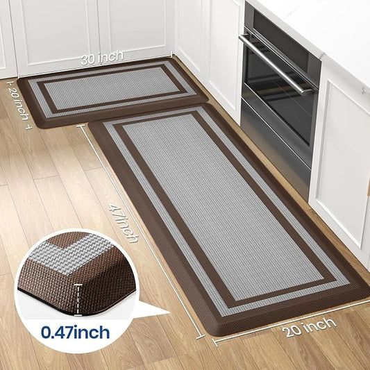 KitchenClouds [2 PCS Kitchen Rugs Cushioned Anti-Fatigue Kitchen Mats for Floor Waterproof Kitchen Rug Set Non-Slip Comfort Standing Mat for Office, Sink, Laundry 20"×30"+20"×47",Chocolate