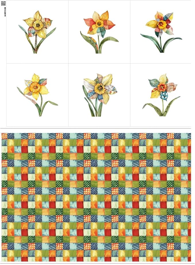 Daffodil Patchwork Cotton Fabric Panel – 6 Designs (10×10 inch Each) + Bonus Patchwork Sheet 29.5×19.6 inch, 100% Cotton 140 GSM