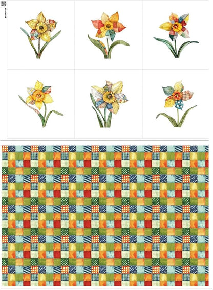 Daffodil Patchwork Cotton Fabric Panel – 6 Designs (10×10 inch Each) + Bonus Patchwork Sheet 29.5×19.6 inch, 100% Cotton 140 GSM