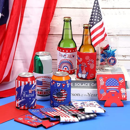 4th of July Can Cooler Sleeves, 18pcs American Flag Beer Drink Can Bottle Cooler Sleeves Collapsible for 250th Anniversary Fourth of July Independence Day Party Decorations Supplies Favors