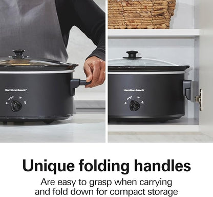 Hamilton Beach 7 Quart Slow Cooker with Space-Saving Folding Handles, 3 Heat Settings, Dishwasher Safe Stoneware Crock and Glass Lid, Black (33174)