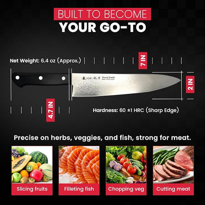VG10 Core Chef Knife 7″ – Forged in Seki Japan – 37-Layer Damascus Steel – Full Tang Western Handle – Razor Sharp Professional Kitchen Knife with Gift Box – Satake Houcho Series