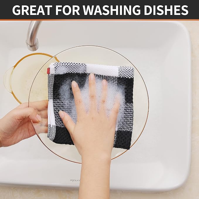 Homaxy 100% Cotton Waffle Weave Check Plaid Dish Cloths, 12 x 12 Inches, Super Soft and Absorbent Dish Towels Quick Drying Dish Rags, 12-Pack, White & Black