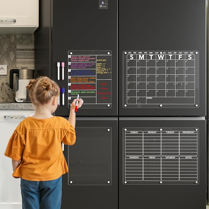 Neatsure 4Pcs Acrylic Magnetic Dry Erase Board Calendar for Fridge, Clear Monthly Weekly Daily Meal Menu Planner Whiteboard for Refrigerator, Notepad Memo White Board, w/ 8 Colors Markers, 15"x11"