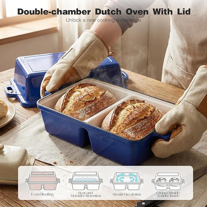 Double Dutch Oven for Sourdough Bread Baking,Enameled Cast Iron Dutch Oven with Lid,Double-Chamber Square Mini Sourdough Loaf Pan for Homemade Bread,Dark Blue(Patent Has Been Applied for)