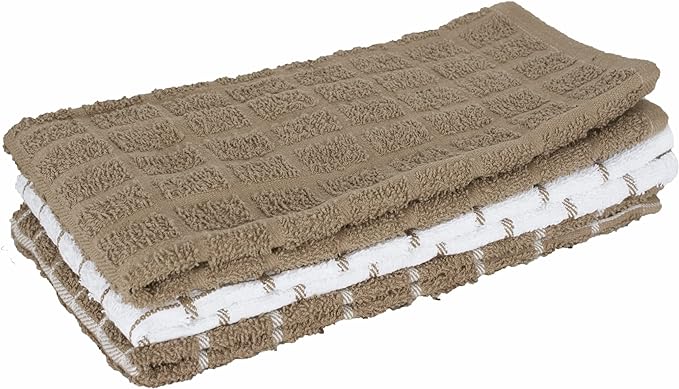 Ritz Premium 100% Cotton Terry Check Kitchen Dish Towels - Highly Absorbent, Super Soft, Long-Lasting, 25"x15", 3-Pack, Mocha