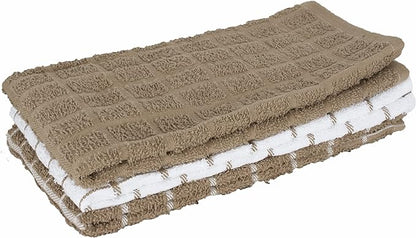 Ritz Premium 100% Cotton Terry Check Kitchen Dish Towels - Highly Absorbent, Super Soft, Long-Lasting, 25"x15", 3-Pack, Mocha