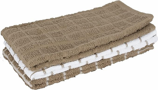 Ritz Premium 100% Cotton Terry Check Kitchen Dish Towels - Highly Absorbent, Super Soft, Long-Lasting, 25"x15", 3-Pack, Mocha