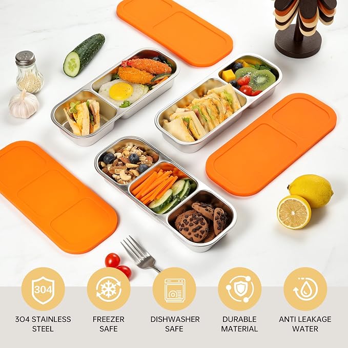 BEFOY 4 Pack Stainless Steel Snack Containers with Lids, 2-Compartments Reusable Bento Lunch Box for Adults, Food Storage Containers Divided Meal Prep Box for Home, Work, Travel (2 Compartments)