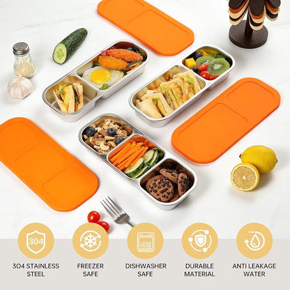 BEFOY 4 Pack Stainless Steel Snack Containers with Lids, 2-Compartments Reusable Bento Lunch Box for Adults, Food Storage Containers Divided Meal Prep Box for Home, Work, Travel (3 Compartments)