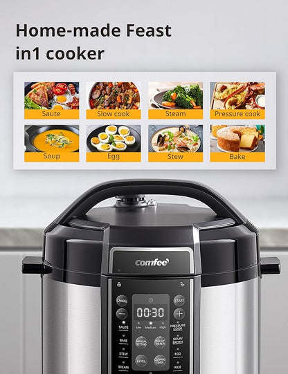 COMFEE’ Pressure Cooker 6 Quart with 13 Cooking Functions, Olla de Presion Non-Stick Pot Yogurt Maker Rice Cooker Slow Cooker Sauté Steamer, Healthy Ceramic Inner Pot