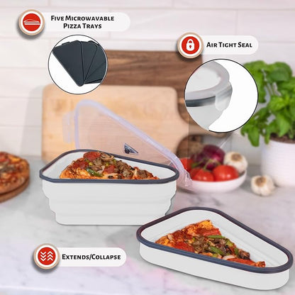 PIZZA PACK The Perfect Reusable Pizza Storage Container with 5 Microwavable Serving Trays - BPA-Free Adjustable Pizza Slice Container to Organize & Save Space, 2 Pack, White