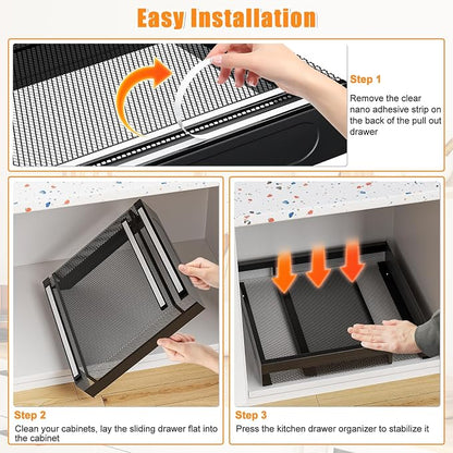 Hisencn Pull Out Cabinet Organizer, Expandable Width 13.9"-22", 21.8" Deep Heavy Duty Slide Out Drawer for Kitchen Cabinets, No Drill Roll Out Shelves with Adhesive Nano Film (Black)
