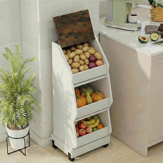 ARTETHYS Potato and Onion Storage Bin with Wheels Movable White Potato Box Holder for kitchen with Lid Onion Organizer with Grocery Section Decorative Vegetable Organization Cabinet