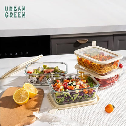 Urban Green Glass Food Storage Containers with Glass Lids, Microwave Safe Food Container Set, Airtight Meal Prep Containers, LeakProof, 100% Plastic Free, 6 Pack