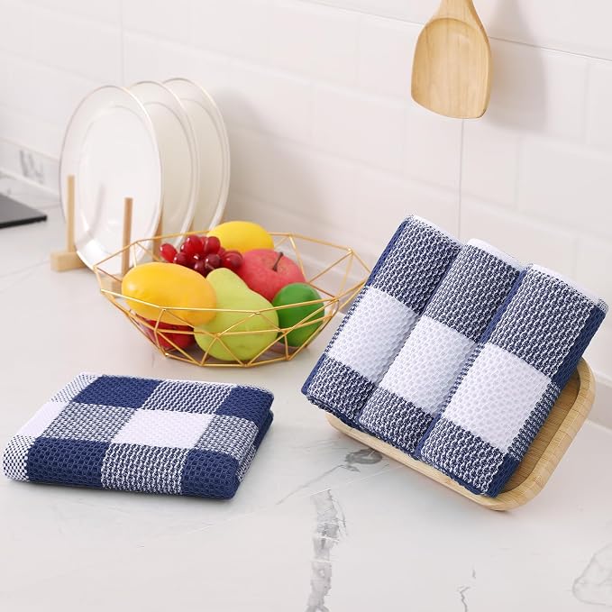 Homaxy Kitchen Towels and Dishcloths Set, 12 x 12 and 13 x 28 Inches, Set of 12 100% Cotton Waffle Weave Check Plaid Kitchen Dish Towels, Super Soft and Absorbent Dish Cloths, White & Navy Blue