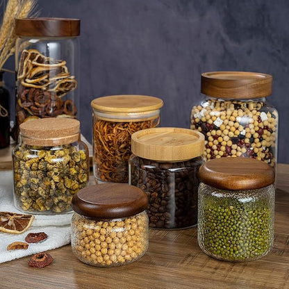 1PC Small Glass Storage Jars with Airtight Lids, 18 fl oz (550ml) Cute Clear Glass Storage container with bamboo Lid, Glass Pantry Canister for Beans, Rice, Sugar, Cookie Coffee and etc