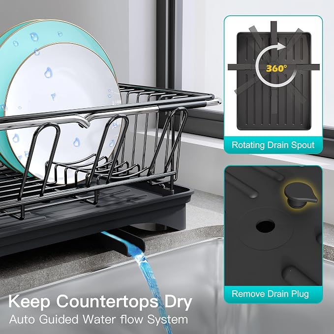 JASIWAY Black Sink Dish Drying Rack with Drainboard, Expandable Stainless Steel Dish Drainers for Kitchen Counter, Space Saving Dish Dryer Rack, Over The Sink Dish Racks with Utensil Holder