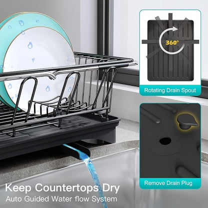 JASIWAY Black Sink Dish Drying Rack with Drainboard, Expandable Stainless Steel Dish Drainers for Kitchen Counter, Space Saving Dish Dryer Rack, Over The Sink Dish Racks with Utensil Holder