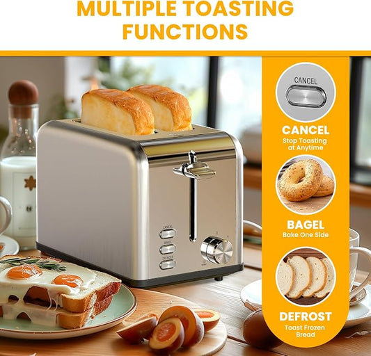 Simple Deluxe 2-Slice Toaster, Stainless Steel Toaster, 6 Browning Setting and 3 Function, Extra Wide Slot & Removable Crumb Tray, for Bread & Waffle, Silver