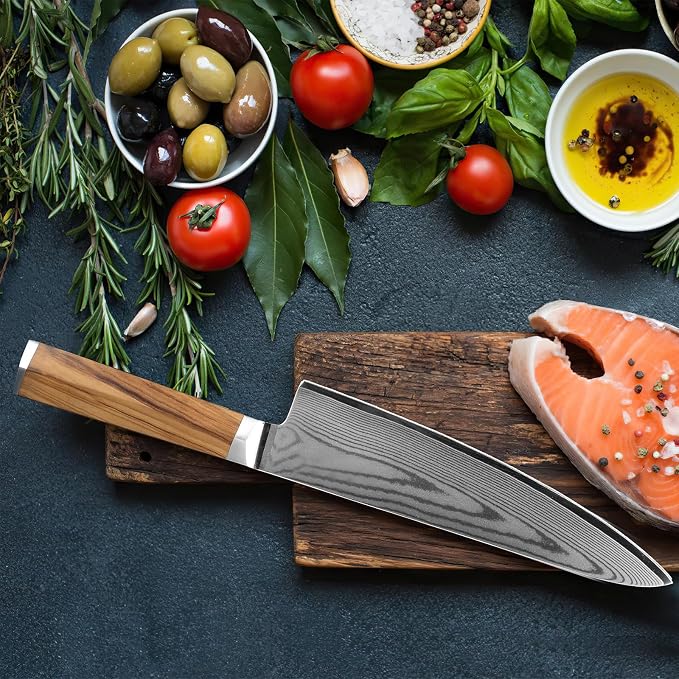 Damascus Japanese Chef Knife 8 Inch, Gyuto Knife 67 Layers VG-10 Damascus Knife, Full Tang Knife Italian Olive Wood Handle Japanese Knife