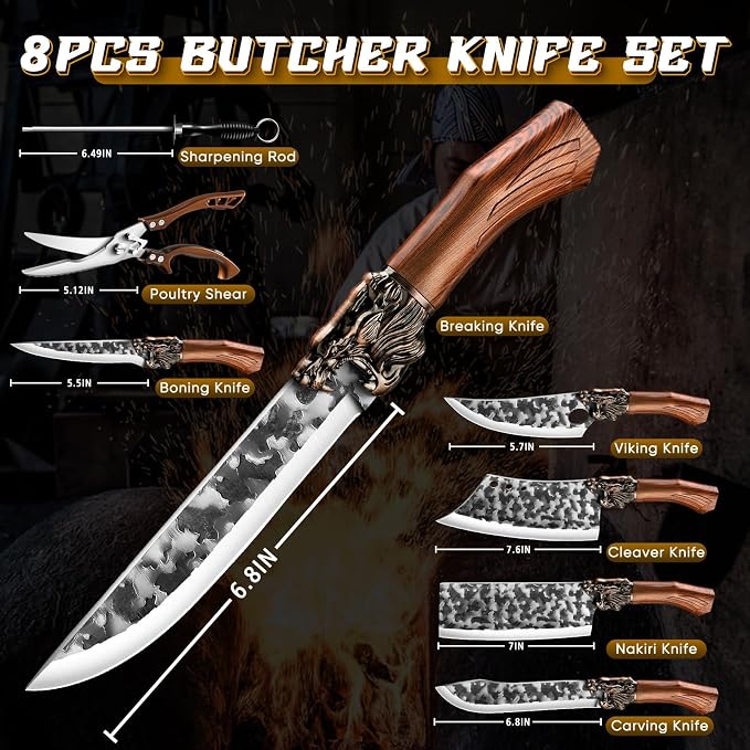 Purple Dragon Butcher Knife Set Tiger-Head, 8 PCS Japanese Chef Knife Set with Roll Bag, Meat Cleaver Boning Viking Knives, Sharp Kitchen Knives for Home, Outdoor, Camping BBQ Christmas Gift for Men