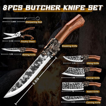 Purple Dragon Butcher Knife Set Tiger-Head, 8 PCS Japanese Chef Knife Set with Roll Bag, Meat Cleaver Boning Viking Knives, Sharp Kitchen Knives for Home, Outdoor, Camping BBQ Christmas Gift for Men