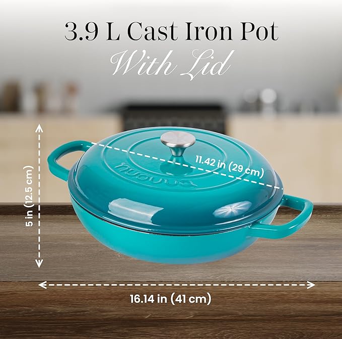 nuovva Shallow Cast Iron Casserole with Lid – Non Stick Dutch Oven Pot, Oven Safe up to 500° F – Sturdy Ovenproof Stockpot Cookware – Enamelled Cooking Pot – Teal, 3.7-Quart, 30cm – by Nuovva