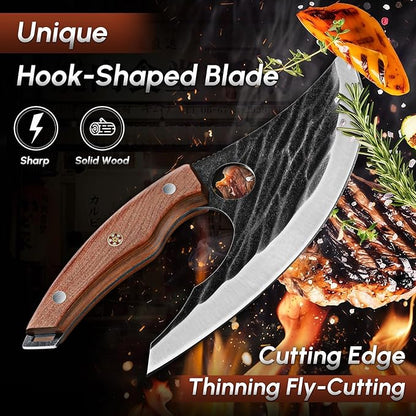Huusk Japan Ulu Knife with Sheath - Christmas Gift for Men and Women - Hand Forged Caveman Ultimo Knife with Full Tang Wooden Handle - BBQ Knives for Vegetables, Fruit, Pizza - Gifts for Men and Women