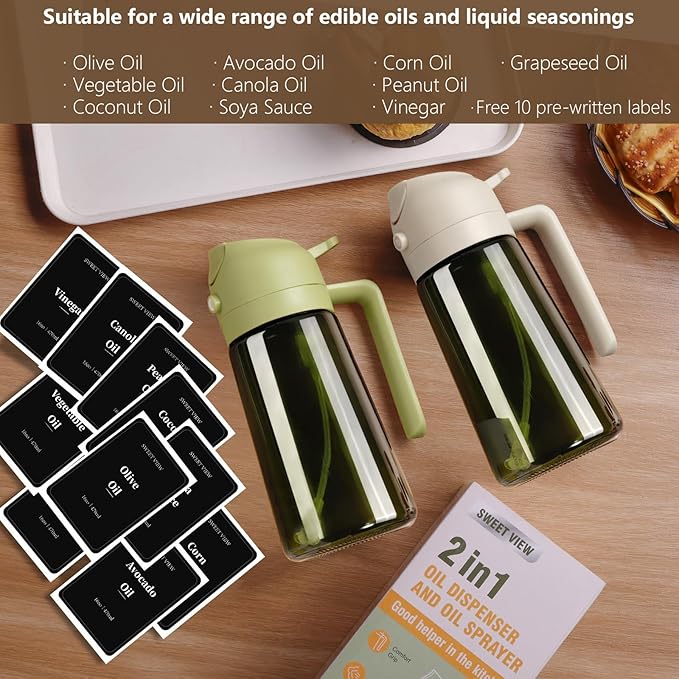 SWEET VIEW Olive Oil Dispenser and Oil Sprayer – 16oz/470ml Glass Light-Proof Oil Pourer for Kitchen Air Fryer, Cooking, Salad, and BBQ, with Stickers