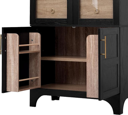 VilroCaz 71" Tall Arched Kitchen Pantry with Glass Doors and a Large Drawer, Farmhouse Kitchen Storage Cabinet with Open & Adjustable Shelves, Cupboard for Dining Room (Black-6.4)