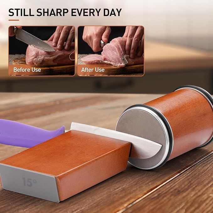 Rengue Rolling Knife Sharpener Kit, Diamond Coated Tool with N52 Super Magnetic 15° to 20° Angles Beech Wood Base 400/1000 Grit Grinding for Kitchen Knives Any Steel Hardness