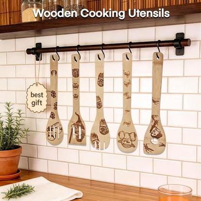 Star Warz Wooden Cooking Utensils Set,5-Piece Wooden Spoons and Spatulas for Cooking, Heat Resistant Kitchen Tools for Nonstick Cookware, Space Fans