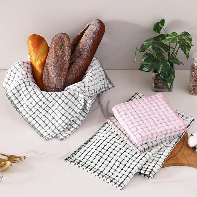 Homaxy Kitchen Towels and Dishcloths Set, 16 x 25 and 12 x 12 Inches, Set of 16 Cotton Terry Kitchen Dish Towels, Super Soft and Absorbent Dish Cloths, Black/Grey/Pink/Brown