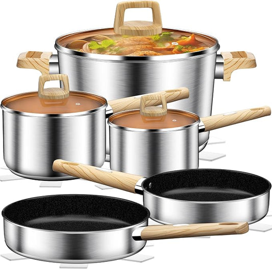 DUTZUN Stainless Steel Cookware Set 13PCS, Pots and Pans Set, Induction Cookware, Kitchen Cooking Set, Heavy Duty, Tri-Ply Base, Dishwasher Safe