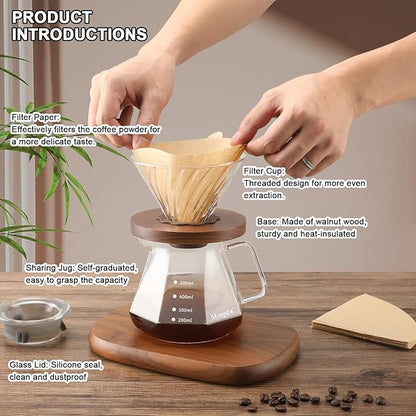 Mongdio Pour Over Coffee Maker, 20 oz High-Heat Borosilicate Glass Coffee Maker with 100pcs Paper Filters, 5 in 1 Drip Coffee Maker Set for Home Café Restaurant and Camping - 600ml, Clear