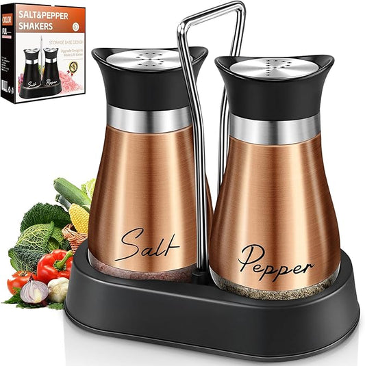 Salt and Pepper Shakers Set, 4 oz Stainless Steel Salt Shaker, Farmhouse Salt Pepper Shaker Containers with Glass Bottom for Kitchen Gadgets Cooking Table, BBQ, Bar, RV, Camp (Brown)