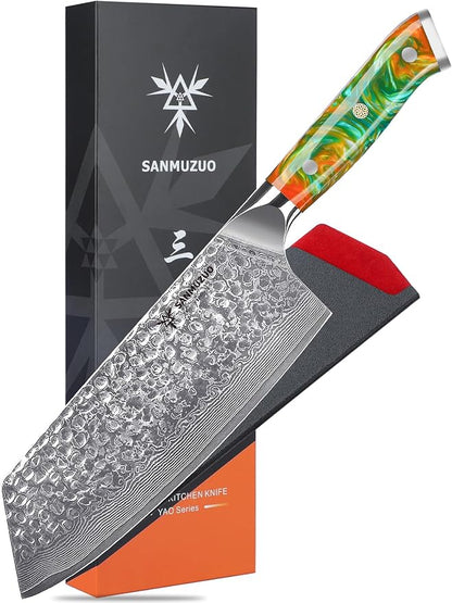 7.5" Nakiri Knife - Kitchen Vegetable Cleaver - Japanese Usuba Knife - Hammered Damascus Steel & Resin Handle - YAO Series
