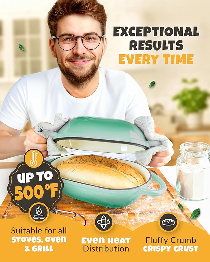CRUSTLOVE Loaf Pan for Bread Baking - incl. Sourdough Bread-Baking Supplies like Banneton Bread-Proofing Basket - 2QT Enameled Oval Cast Iron Dutch Oven, Bread-Oven, Sour Dough Bread-Banking-Pan Tools