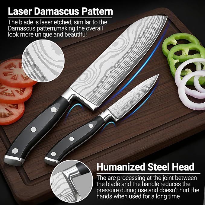 Santoku Knife 7 Inch, Razor Sharp Santoku Knife Set, High Carbon Steel Japanese Chef Knife, Professional Kitchen Knife Set with Full Tang Handle Design for Home Kitchen Coooking