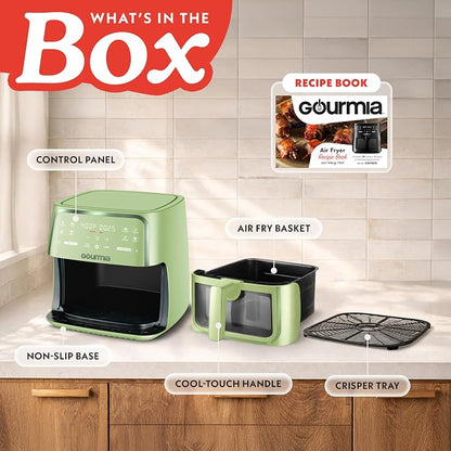 Gourmia 8 Qt Air Fryer, 8 Presets with Digital Display, FryForce 360° Technology, Easy View Window & Interior Light, Dishwasher Safe Basket, Green