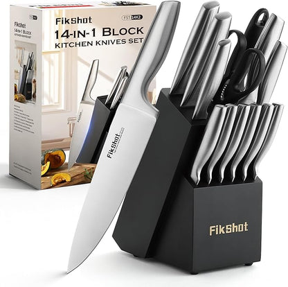 FIKSHOT Kitchen Knife Set, German Stainless Steel kitchen knives – Includes Knife Block Set & Sharpener, High Carbon, Rust-Resistant, Ergonomic Handle for Cooking, Grilling & Gifting
