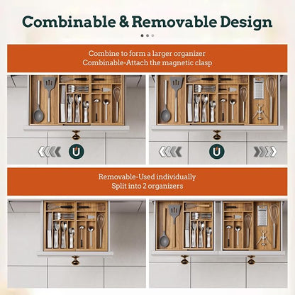 Silverware Organizer Large, Magnetic Connected Expandable 13 Slots Silverware Drawer Organizer From 21 to 37.4 Inches, Adjustable Flatware and Cutlery Holder, Bamboo Utensil Tray for Kitchen Acacia