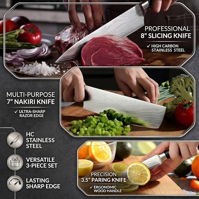 3 PCS Japanese Nakiri Knife Set - Professional High Carbon Stainless Steel Vegetable Cleavers, Ultra Sharp Razor Edge Kitchen Knife with Ergonomic Handle & Gift Box, Multi-purpose Asian Chef Knives