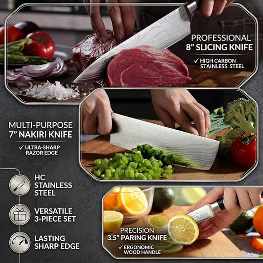 3 PCS Japanese Nakiri Knife Set - Professional High Carbon Stainless Steel Vegetable Cleavers, Ultra Sharp Razor Edge Kitchen Knife with Ergonomic Handle & Gift Box, Multi-purpose Asian Chef Knives
