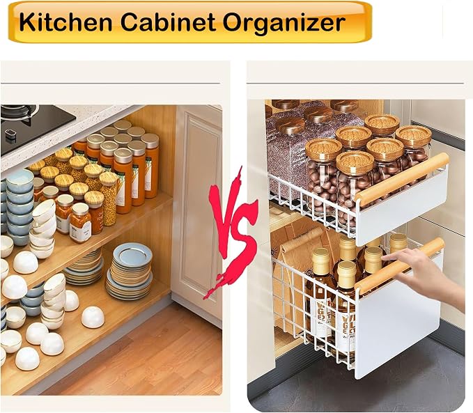 Pull Out Cabinet Organizer,Heavy Duty Slide Out Pantry Shelves With Adhesive Nano Film, Sliding Drawer Storage for Kitchen, Pantry, Shelves（14.96"Dx9.44"Wx3.54”H）