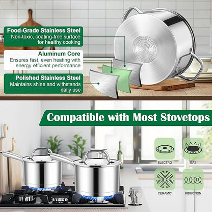 E-far 10-Piece Stainless Steel Cookware Set, Induction Pots and Pans Set with Tri-Ply Base, Non-toxic Kitchen Cooking Set w/Frying Pan, Saucepan, Saute Pan, Stockpot with Lids, Oven & Dishwasher Safe