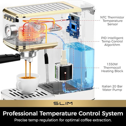 CHULUX Slim Espresso Machine with Milk Frother, 20 Bar Professional Italian Pump Espresso Coffee Machine for Home Cappuccino & Latte Maker, Stainless Steel, White and Gold