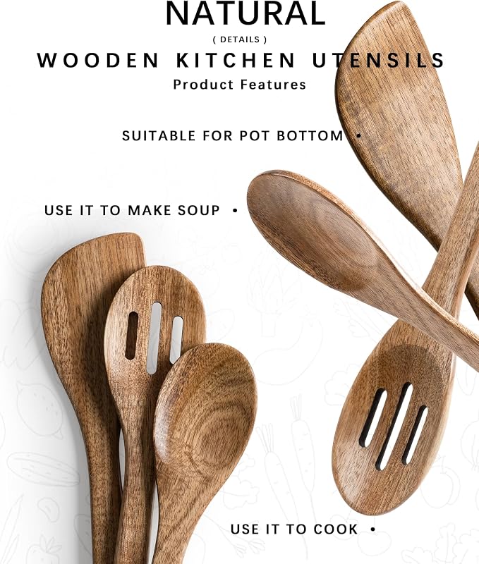 Wooden Spoons for Cooking, 3-Piece Wood Utensil Set Includes Slotted Spoon, Spoon & Wooden Spatula for Cooking – Acacia Wood Kitchen Utensil Set – 12 Inch Hardwearing Tools